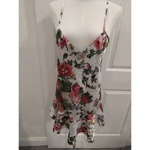 Sedu Nightgown Floral Print White Satin Ruffle Slip Dress Women's S